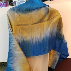 Vibrant Blue and Gold Raw Silk Shawl-Large Scarf